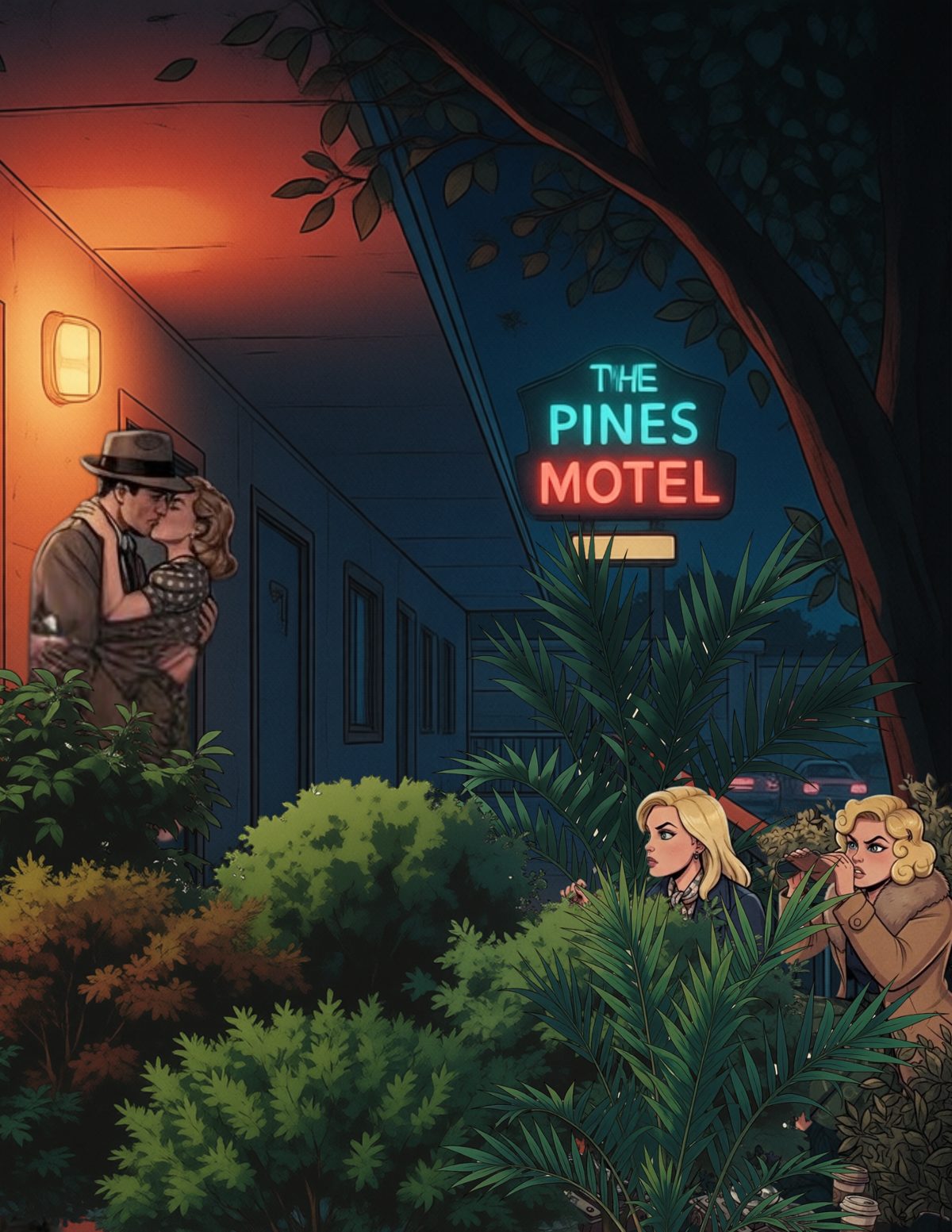 Illustration: Tree and Missy hide in the bushes outside The Pines Motel, watching a couple kiss at a room door